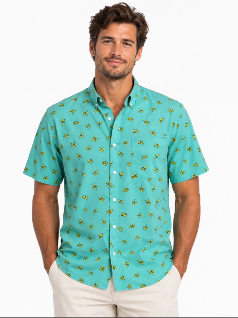 Pokemon Men's Teal Short-Sleeve Button-Down Shirt with Pikachu Print, XL